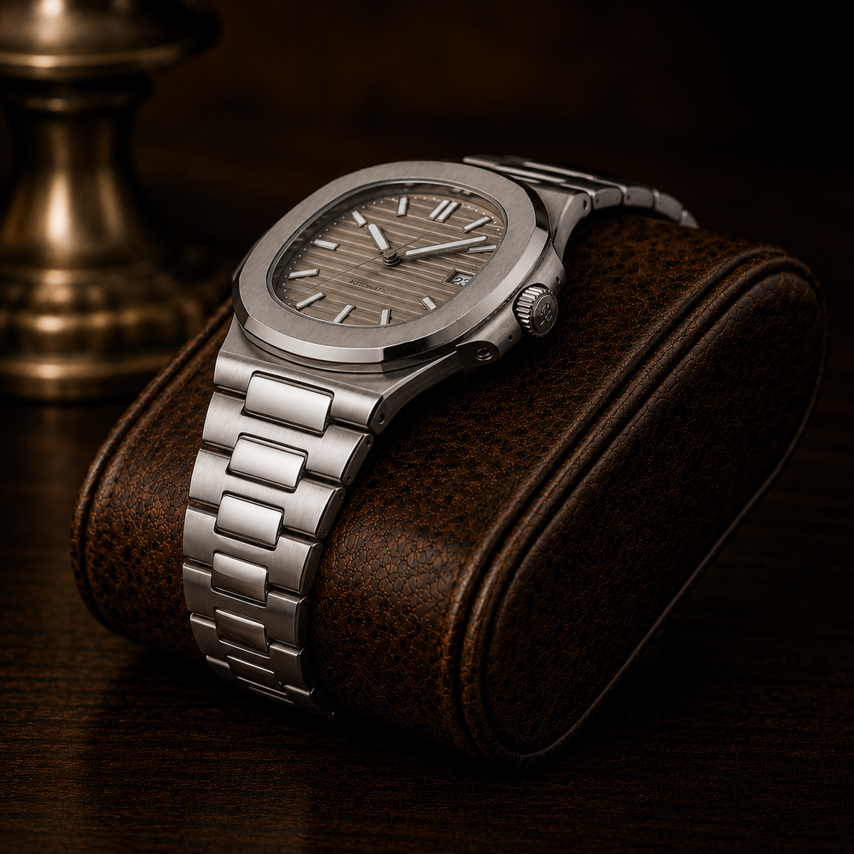NAUT MOD au bracelet acier intégré posée sur du cuir