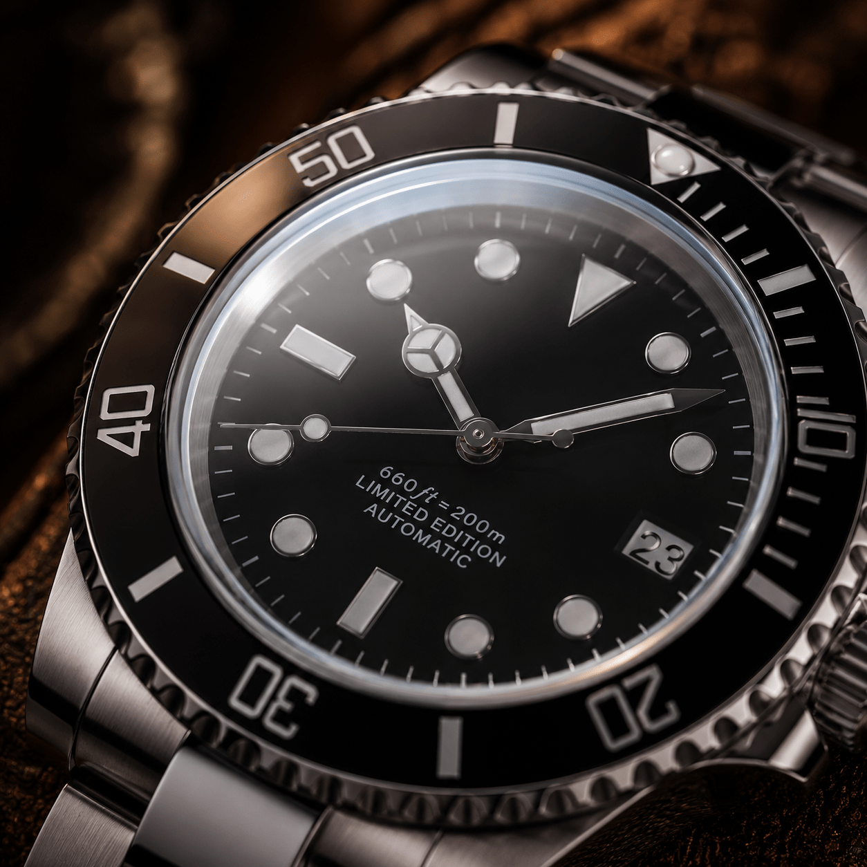 Gros plan sur le cadran d'une Seiko Mod portant la mention 200 m