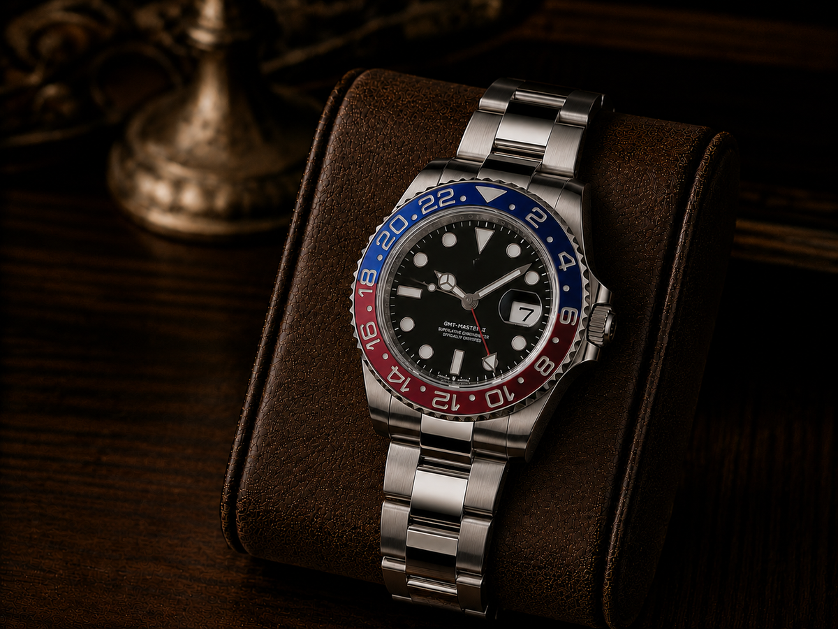 GMT MOD à lunette rouge et bleue posée sur un présentoir en cuir