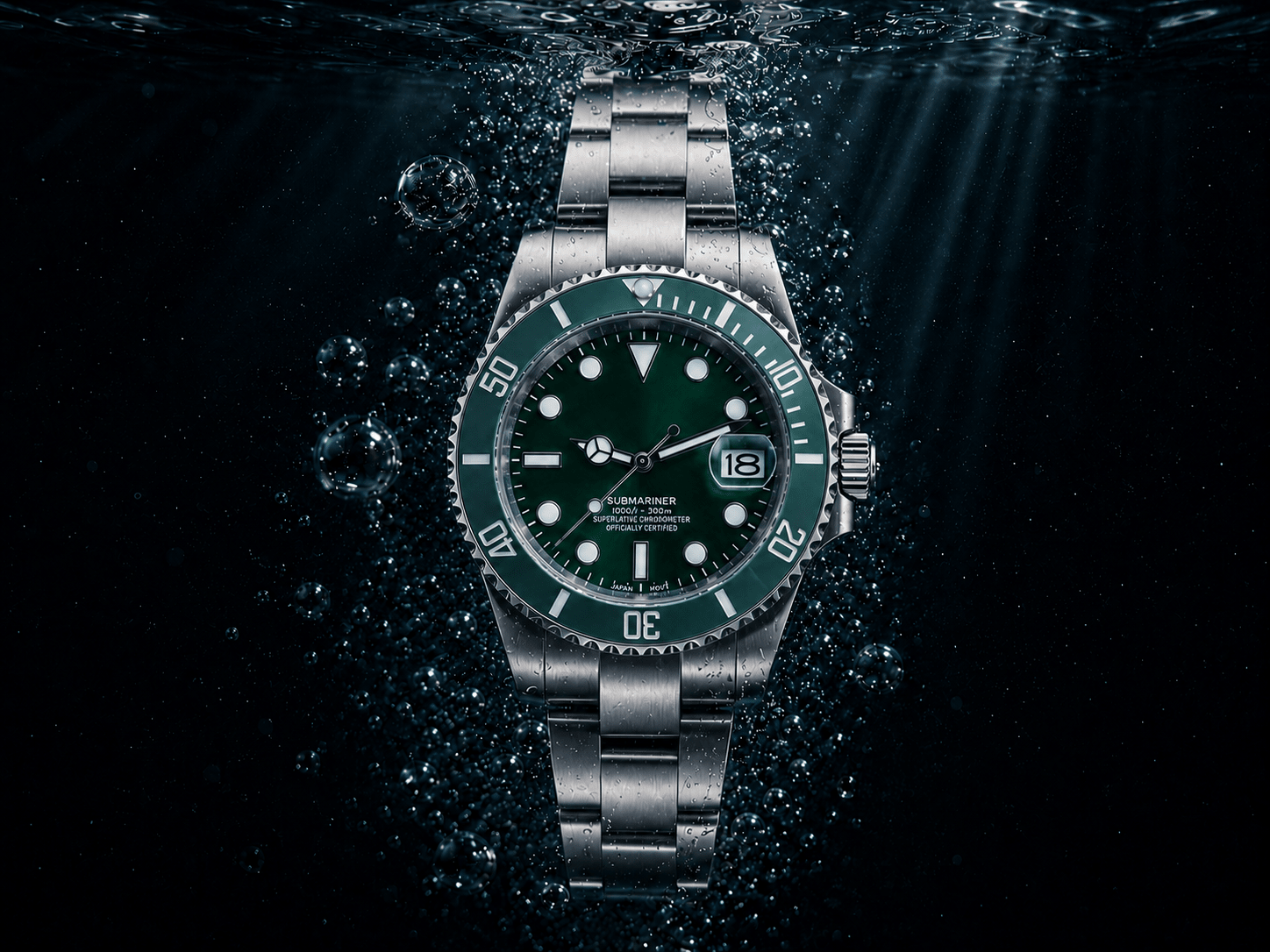 Montre de plongée SUB MOD à cadran et lunette verts, immergée