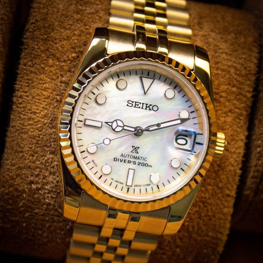 MOD DATE JUST - WHITE MOTHER OF PEARL GOLD - MONTRE A PAPY - Montre automatique seiko mod 39mm